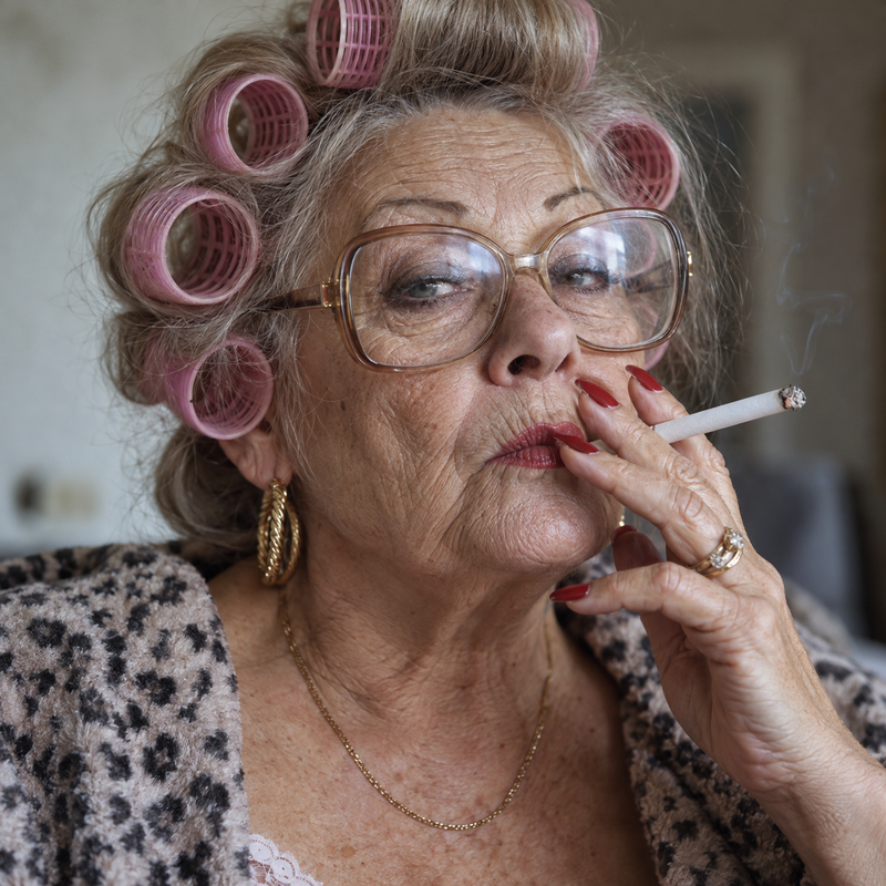 67 year old lady, long nails, red lipstick, rollers in her hair, smoking