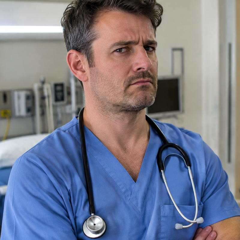 angry heavyweight doctor, lab coat, arms crossed, stethoscope