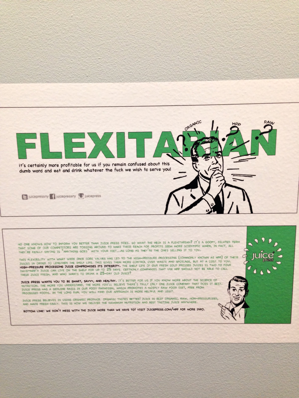 I made this bookmark and left it in all our stores. It poked fun at the CEO of Organic Avenue, a competitor, who said in a press release that he was a “flexitarian” and that Organic Avenue’s menu reflected it.