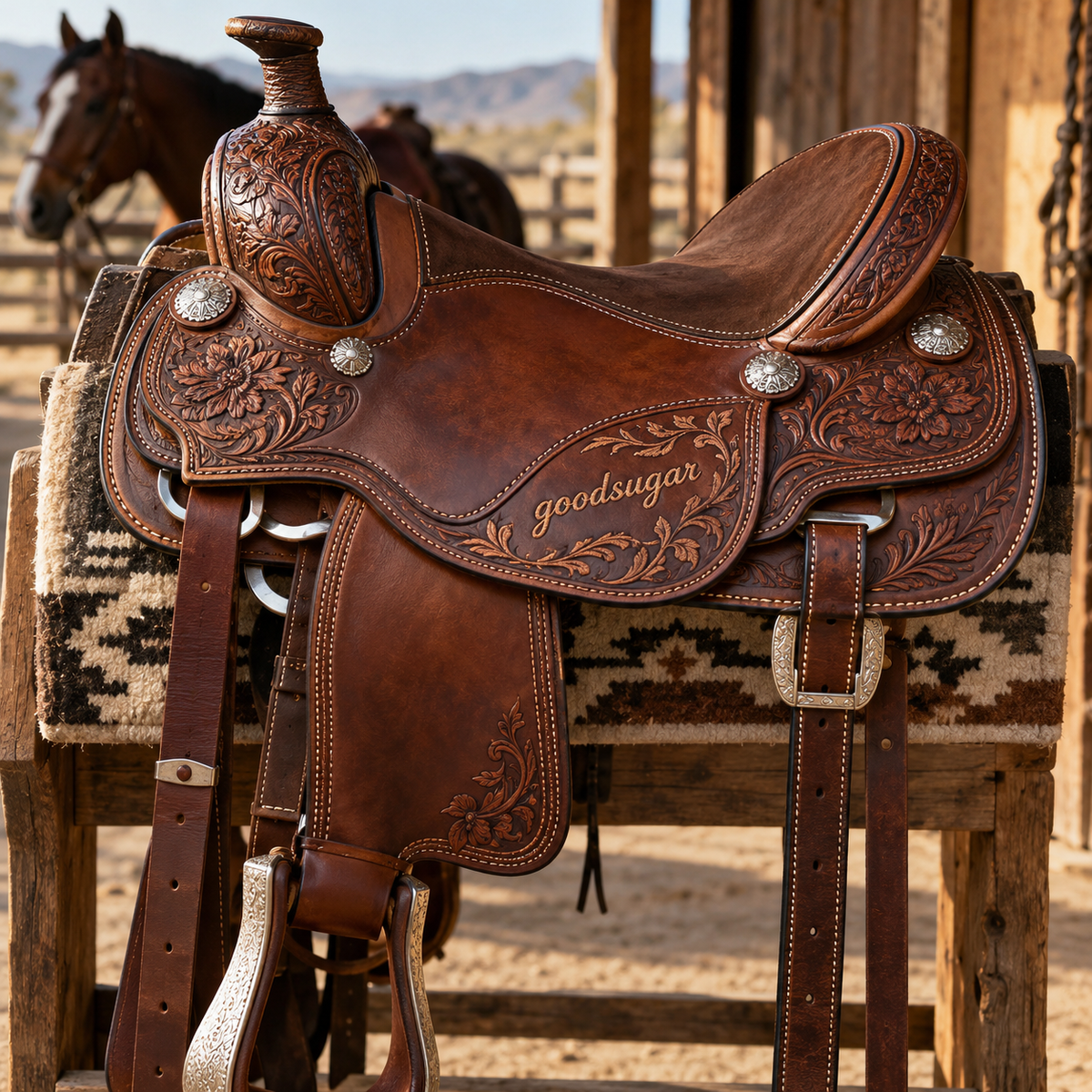 Introducing the goodsugar Vegan Western Saddle: hand-stitched from mushroom leather, cactus and the tears of a reformed cattle rancher. No cows harmed, though one horse rolled its eyes. Features a gluten-free horn, cold-pressed stirrups and a cup holder for your 16 oz. unpasteurized juice. Smells faintly of oat milk. Fits all horses, ponies and one patient golden retriever. Warning: may cause spontaneous yodeling and oversharing. Ride off into the sunset. Then compost it, partner. Yeehaw.