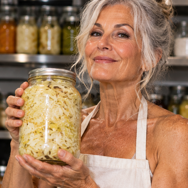 woman around 64, in an apron, great shape, holding a mason jar of sauerkraut