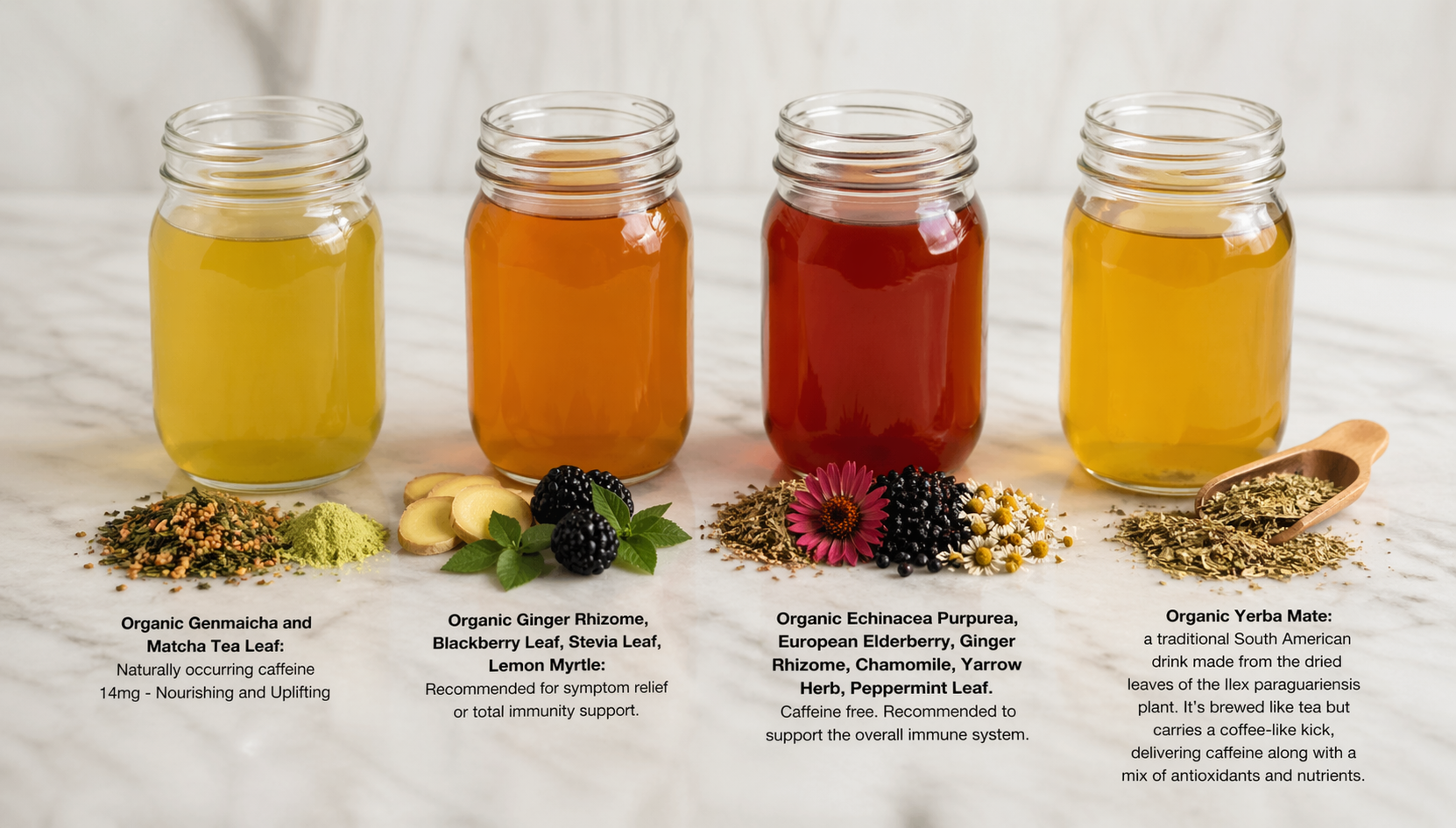 Four jars of different types of tea with labels on a white background