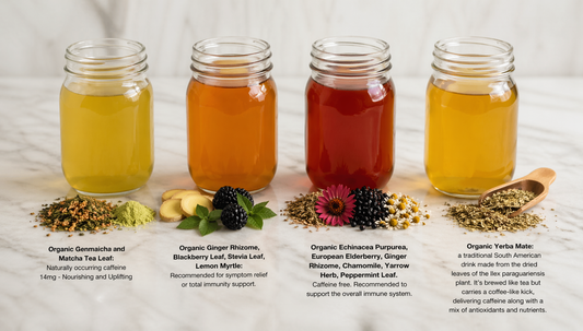 Four jars of different types of tea with labels on a white background