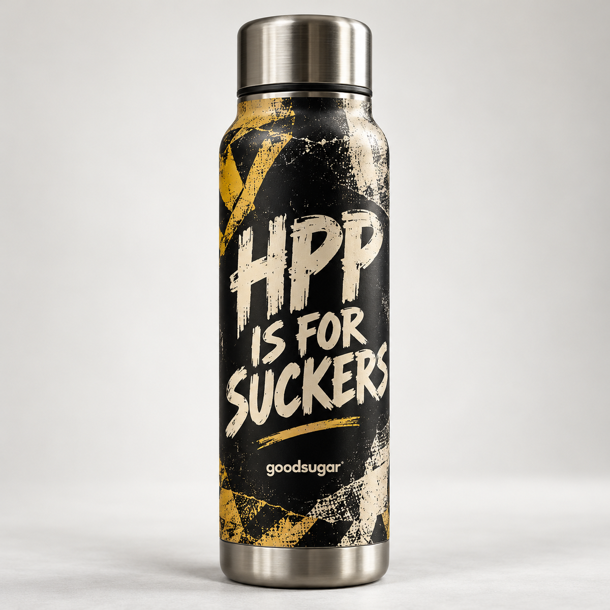 Introducing the goodsugar “HPP Sucks” Thermos. Built to keep fresh, cold-pressed, never-HPP’d juice cold, honest and delicious. Double-walled stainless steel, because your juice deserves protection, not 87,000 psi of industrial nonsense. Holds 16 oz. of the real stuff and zero shelf-stable regret. Leak-proof, sweat-proof and allergic to marketing words like “cold pasteurized.” Fits most cup holders and all arguments with your partner. Proudly made for fresh-juice snobs. Fresh tastes better. Say it loud: HPP
