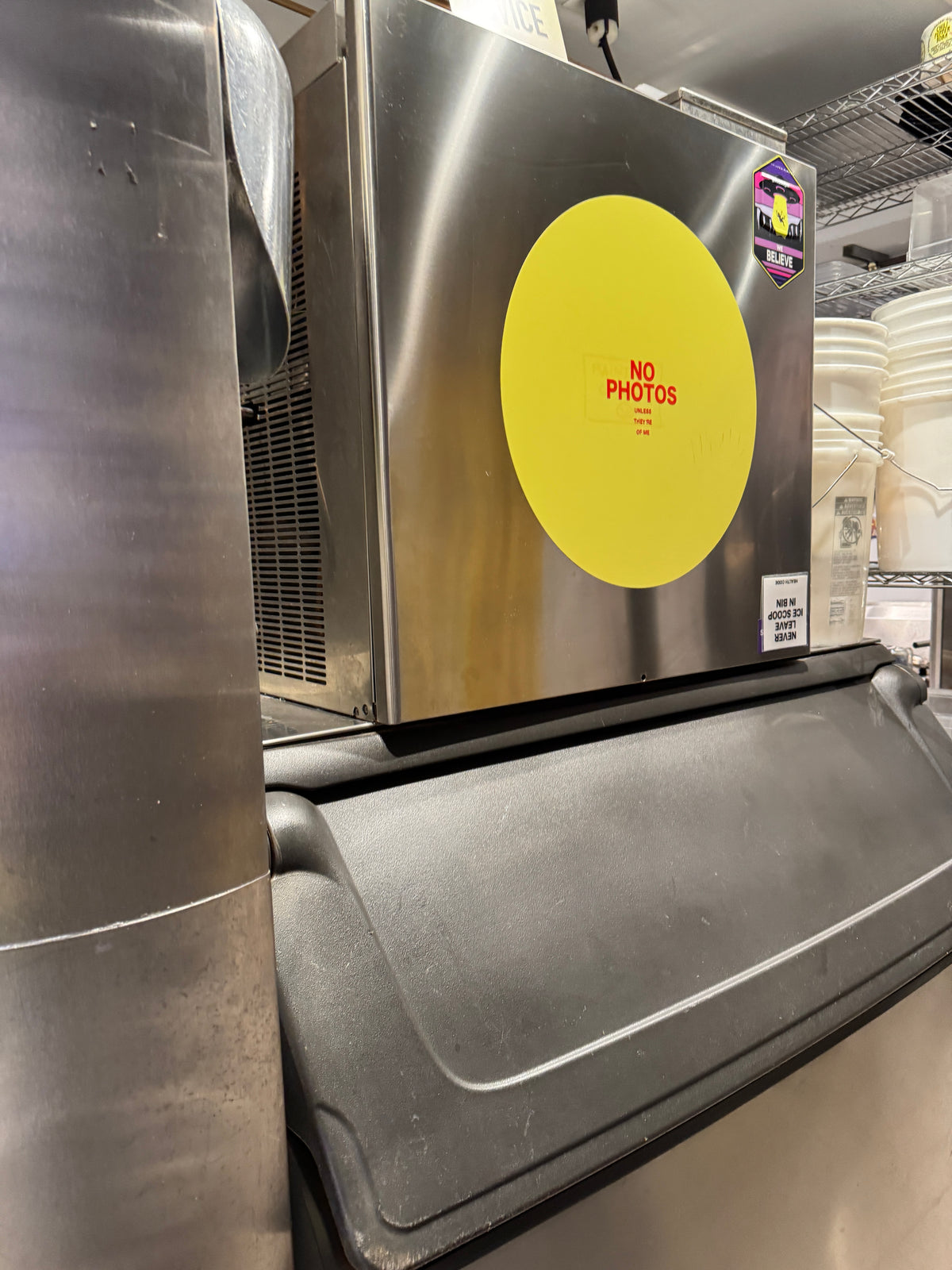 Back of house at goodsugar: the ice machine’s tiny sign reads “NO PHOTOS unless they’re of me.”