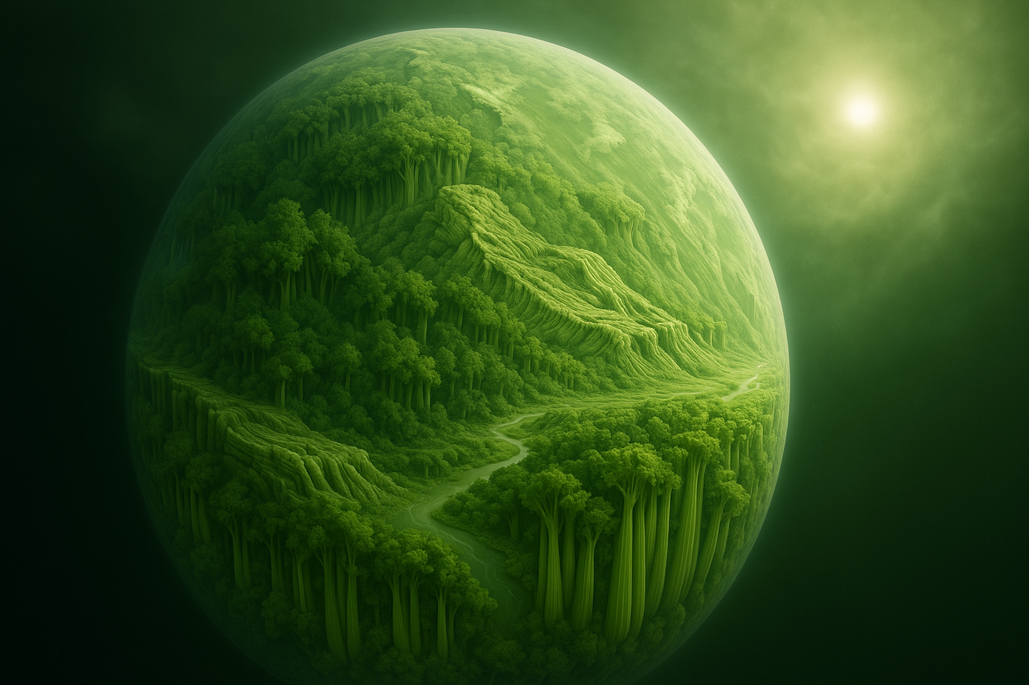 Green planet with detailed surface texture against a dark background